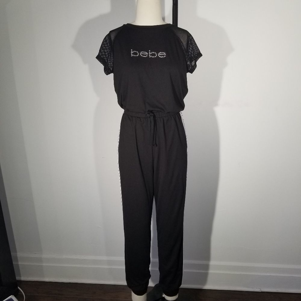 bebe Black Jumpsuit with Rhinestone Logo